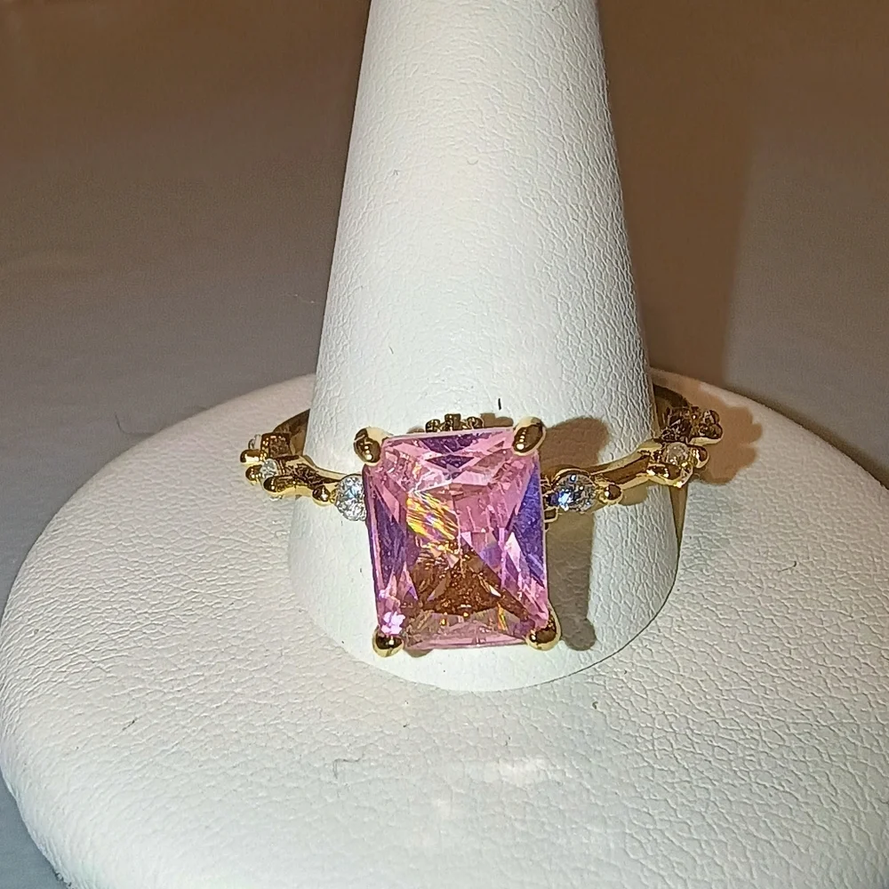 Princess Cut Pink CZ Ring – Gold Plated  Micro Inlay, Sizes 9 - Picture 7 of 11